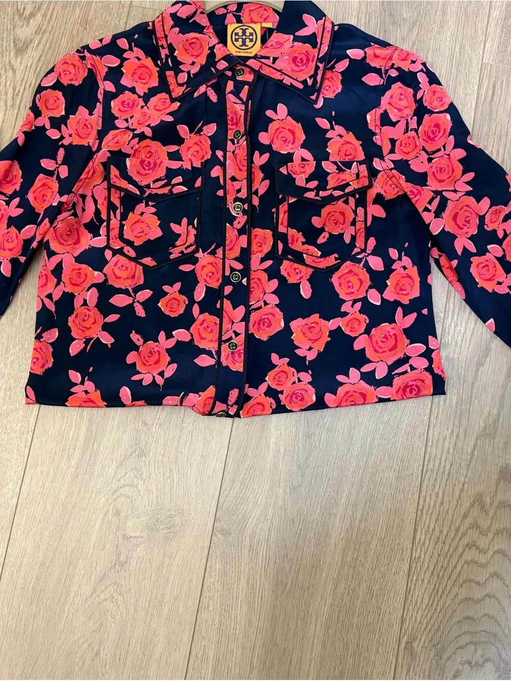 Tory Burch Navy Coral Pink Floral Silk Blouse- Brand New, Size 2